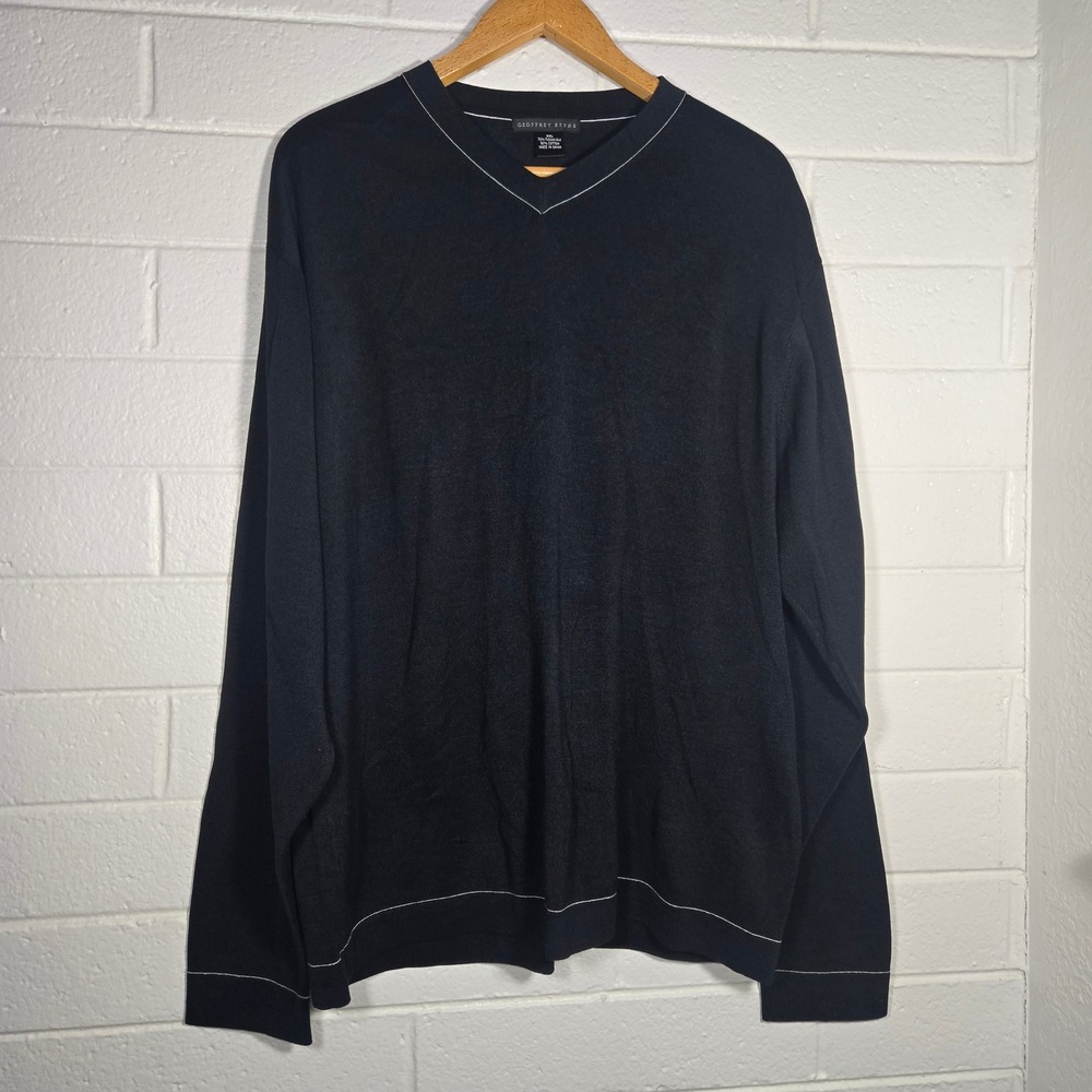 Geoffrey Beene Mens XXL Black V Neck Long Sleeve‎ Silk Cotton Sweater Preppy